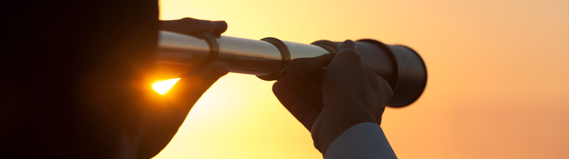 Person looking through a telescope at sunset.