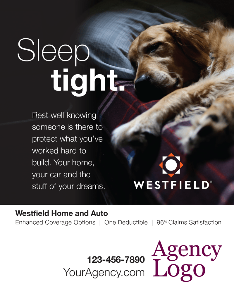 Dog asleep on a bed Westfield Personal Lines Sleep Tight Print Ad
