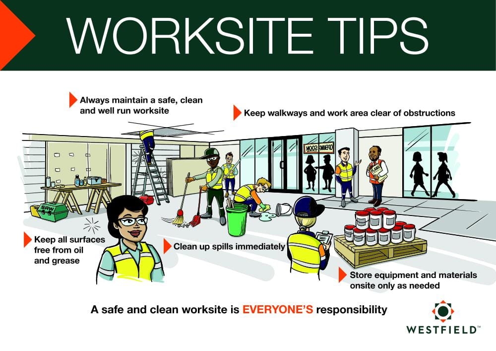Cartoon picture of a worksite with tips for staying clean and safe