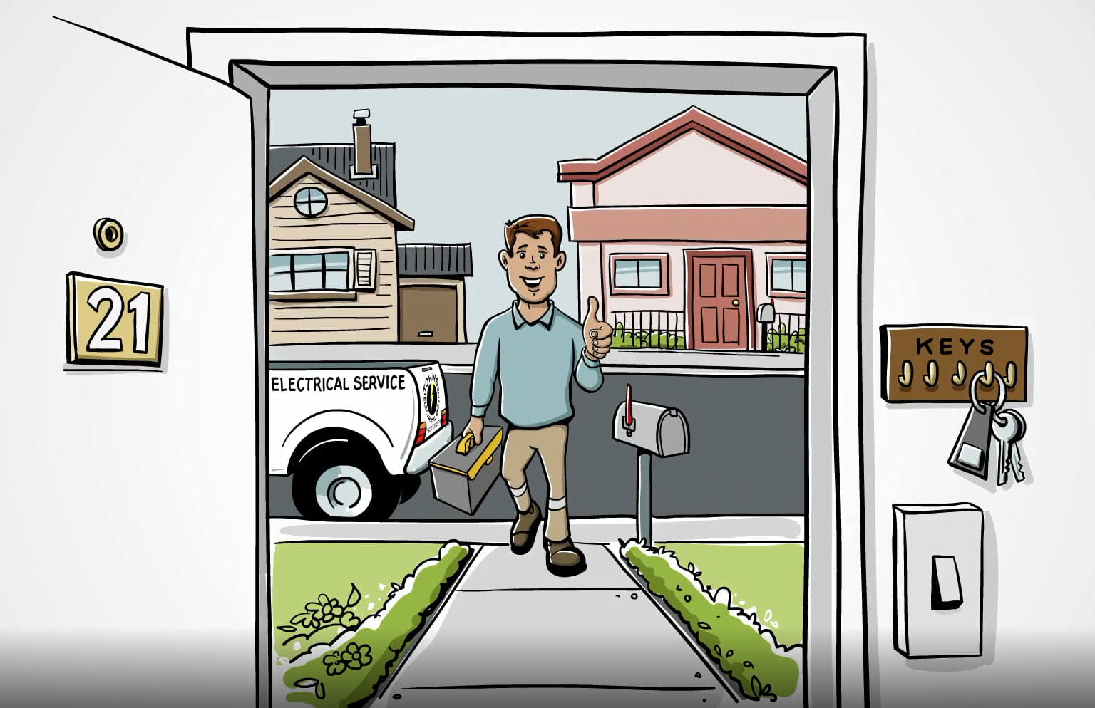 Cartoon image of man walking through a front door